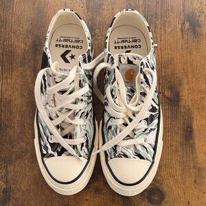 Carhartt Converse, White, and Green Patterned Chuck Taylor Sneakers